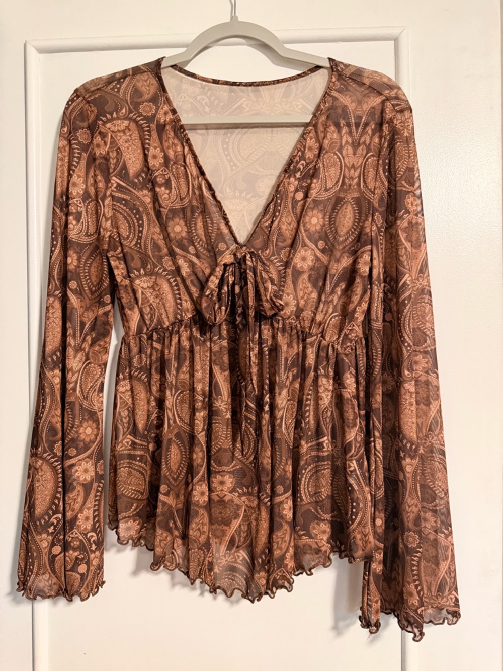 100% SHEER - Women’s Brown Paisley V-Neck Tie-Front Top